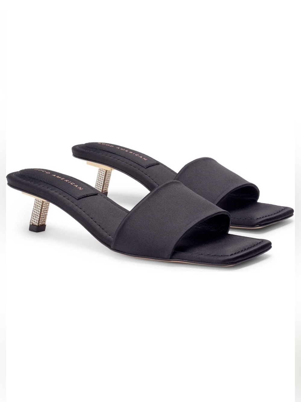 Good American Kickstand Slide Sandal Black Satin Crystal Heel Mule NIB 9.5